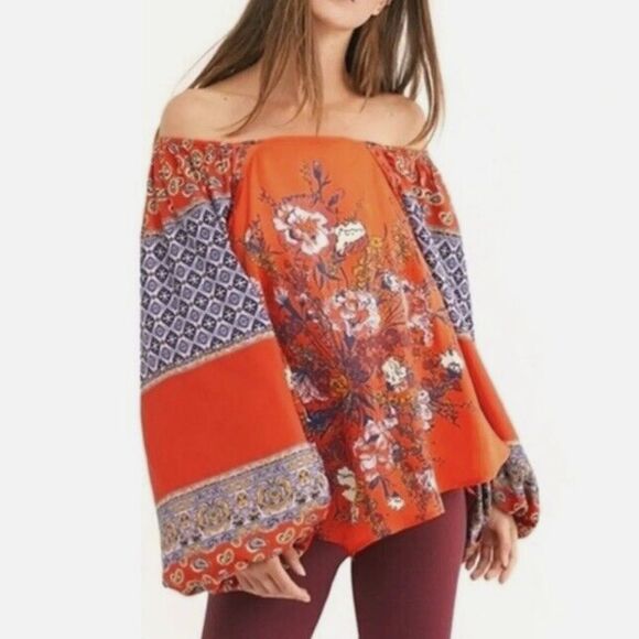 Free People Positano Cherry Combo Printed Flowy Off Shoulder Peasant Blouse - Picture 2 of 16